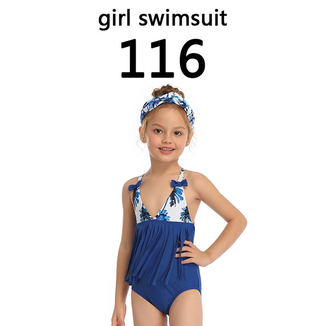 Family Matching Swimwear Mom Daughter Taseel Leaf Blue Bikini Dad Son Bathing Suit Women Men Couples Outfits Girls Boys Swimsuit