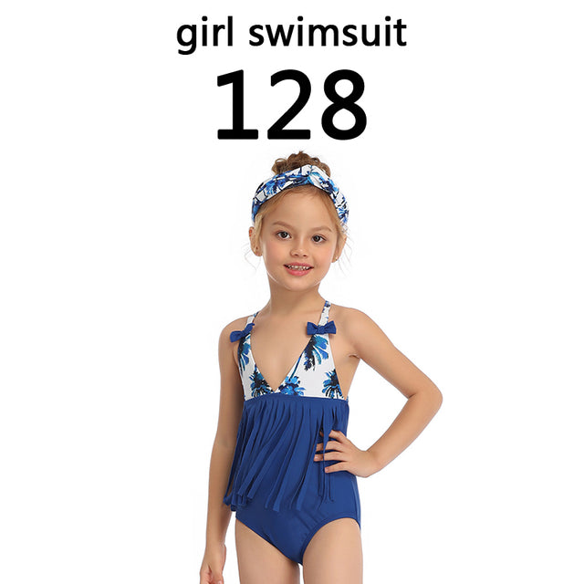 Family Matching Swimwear Mom Daughter Taseel Leaf Blue Bikini Dad Son Bathing Suit Women Men Couples Outfits Girls Boys Swimsuit