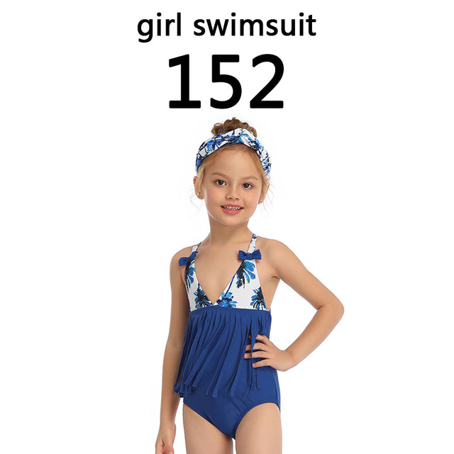 Family Matching Swimwear Mom Daughter Taseel Leaf Blue Bikini Dad Son Bathing Suit Women Men Couples Outfits Girls Boys Swimsuit