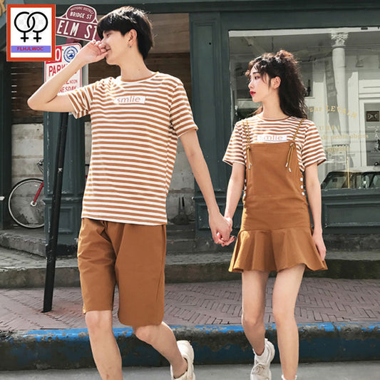 Matching Couple Sweetheart Lovers Boyfriends And Girlfriends Striped T Shirt Dresses Cute Sweet Two Piece Girls Outfits Dress