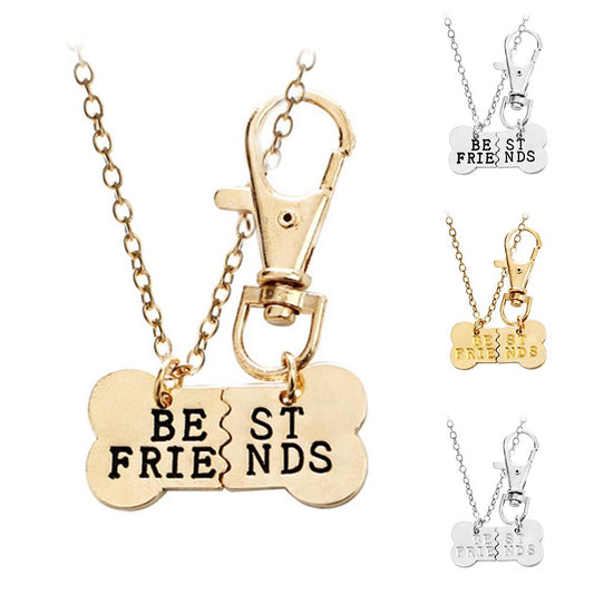 2Pcs/Set Women BEST FRIENDS Dog Bone Shaped Matching Pendant Necklace Keychain