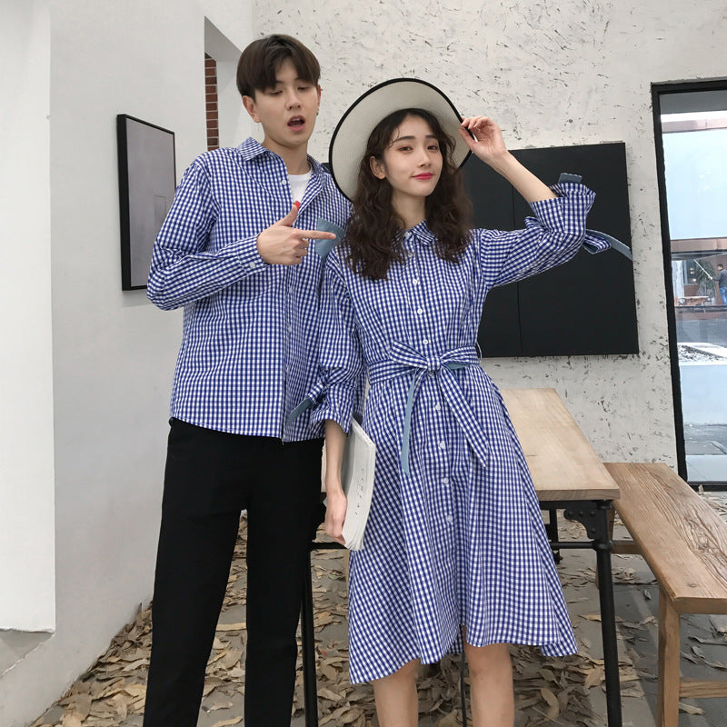 Korean Couple Matching Clothes College School Lovers Women Men Summer Check Plaid Vacational Dress Shirts Outfit Wear Set