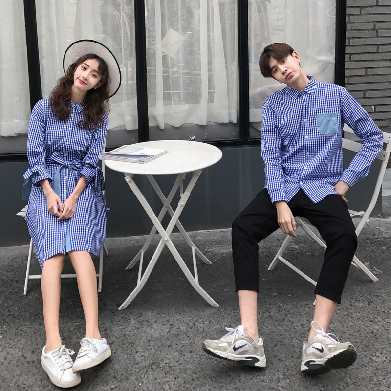 Korean Couple Matching Clothes College School Lovers Women Men Summer Check Plaid Vacational Dress Shirts Outfit Wear Set