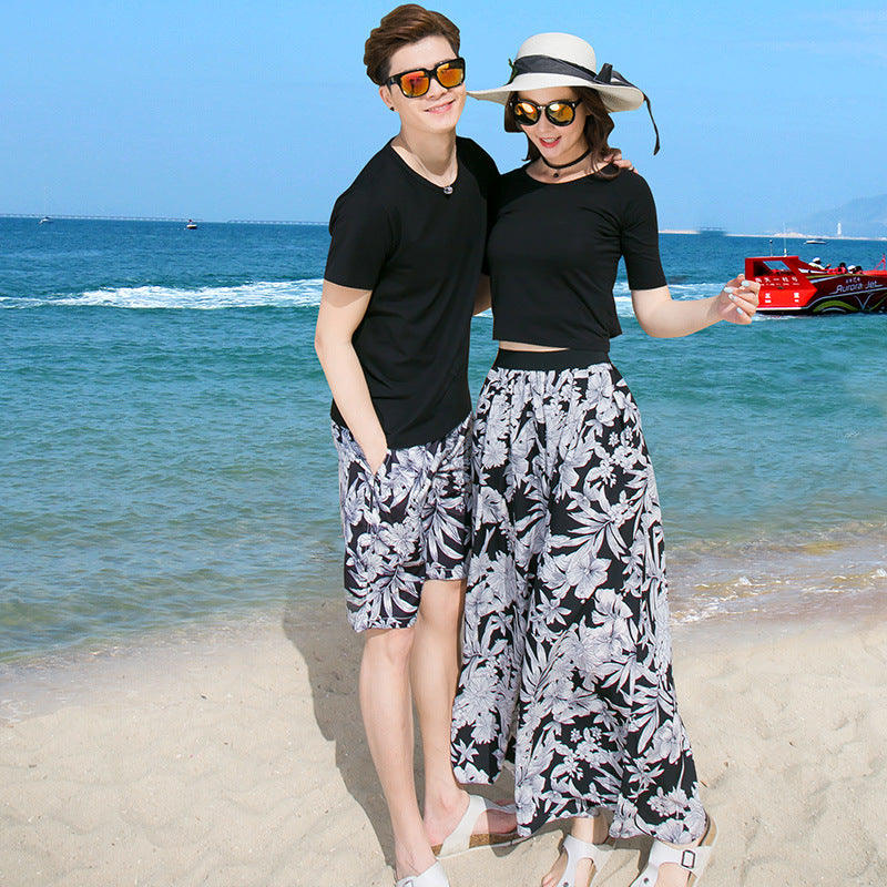 Couple Matching Clothes T-Shirts College School Fashion Women Summer Vacational Beach Pants Shorts Dress Outfit Wear Set