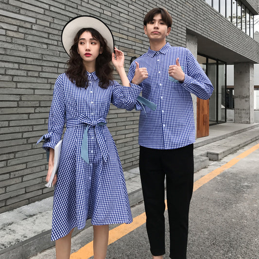 Korean Couple Matching Clothes College School Lovers Women Men Summer Check Plaid Vacational Dress Shirts Outfit Wear Set