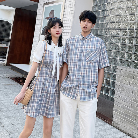 Couple Matching Clothes College School Korean Fashion Style Lovers Check Plaid Bow Slim Dress Shirts Men Women Outfit Wear Set