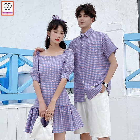 Matching Couple Clothes Lovers Outfits Valentine&#39;s Days Cute Holiday Honeymoon Casual Purple Sweet Plaid Dress