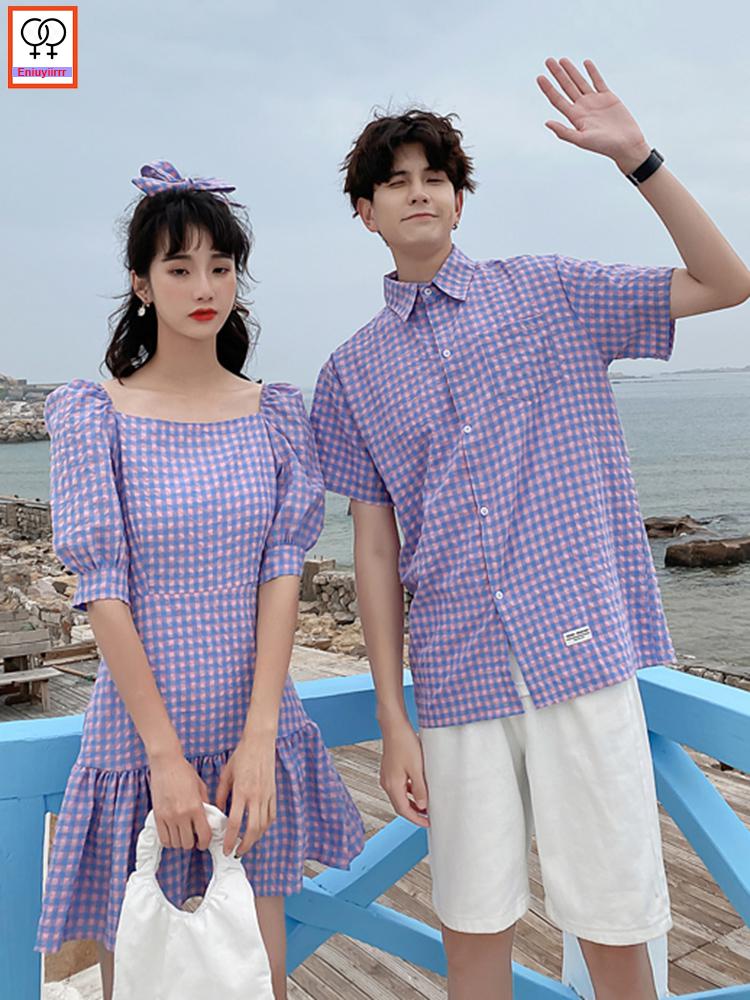 Matching Couple Clothes Lovers Outfits Valentine&#39;s Days Cute Holiday Honeymoon Casual Purple Sweet Plaid Dress