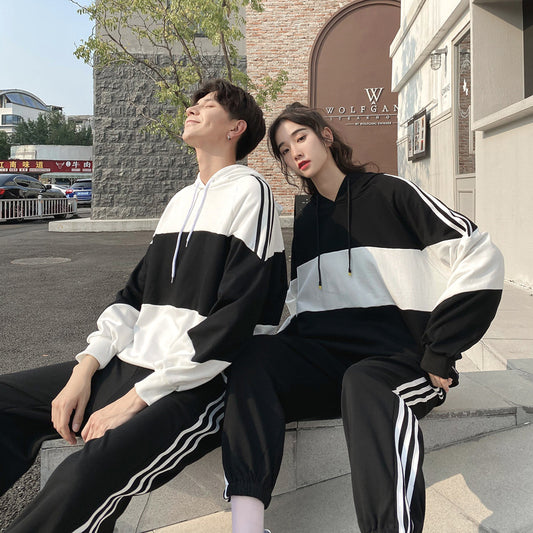 Couple Matching Hoodies Sweatshirt Sport Clothes Black White College School Korean Fashion Style Young Lovers Women Outfit Wear