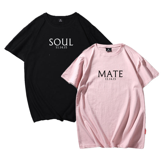 Cotton T Shirt Women Men Korean Casual Simple Tshirt Woman Clothes Tops O-neck Soul Mate Letter T-shirt Couple Matching Outfits