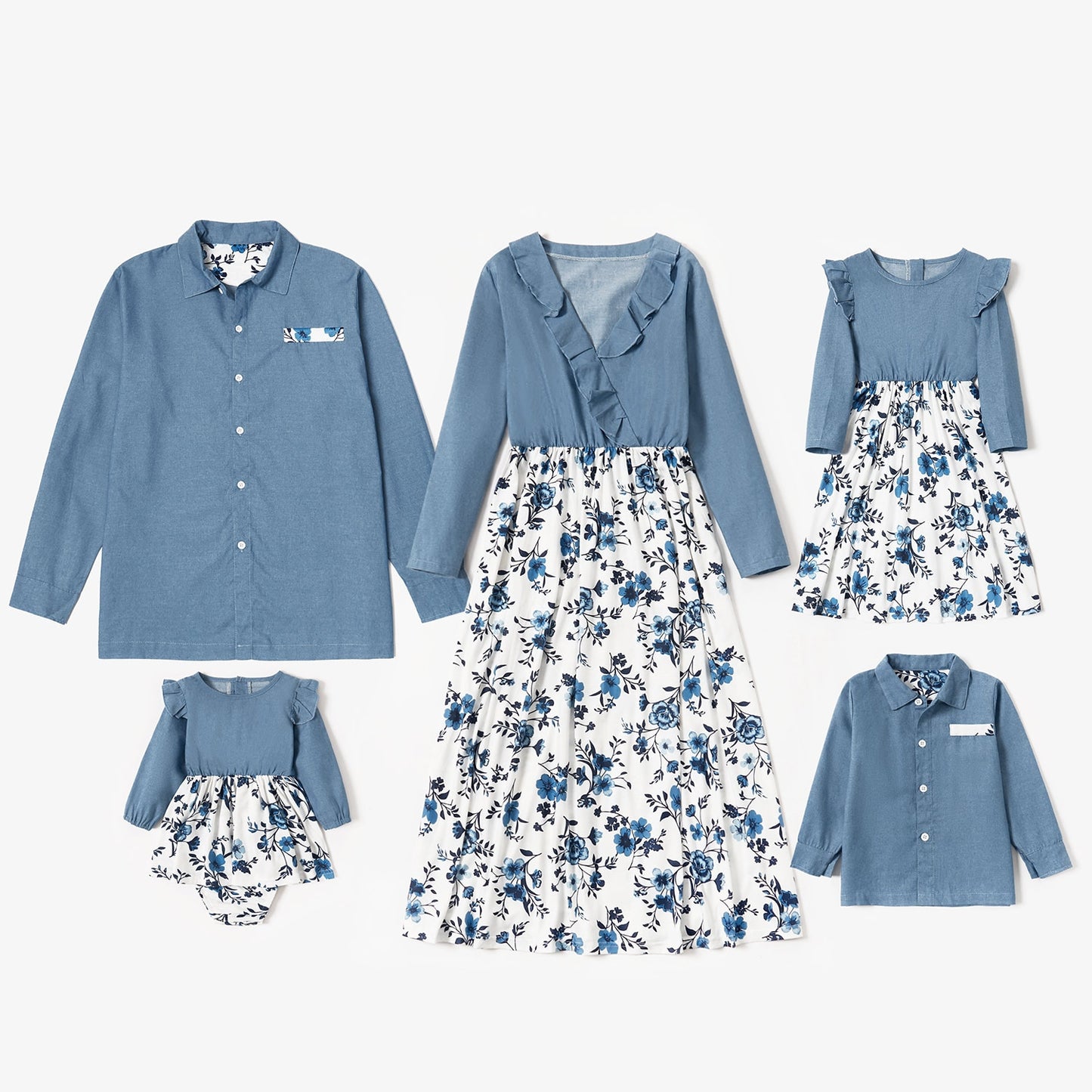 PatPat Summer And Spring Mosaic Cotton Family Matching Floral Sets Flounce Dresses And Denim Tops Short Long Sleeve Family Look