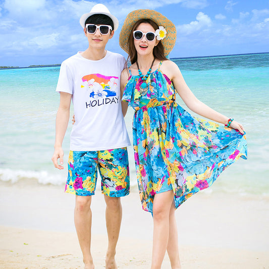 Couple Matching Clothes College School Korean Fashion Style T-shirts Pants Women Summer Vacational Blue Beach Dress Outfit Wear