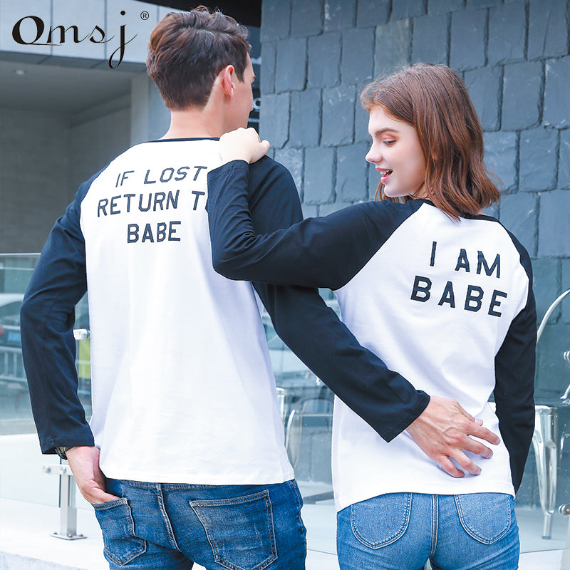 OMSJ 2021 New Autumn Funny Matching Couple T Shirts His and Hers Long Sleeve Patchwork Letter Printed Pullover Outfits Clothes