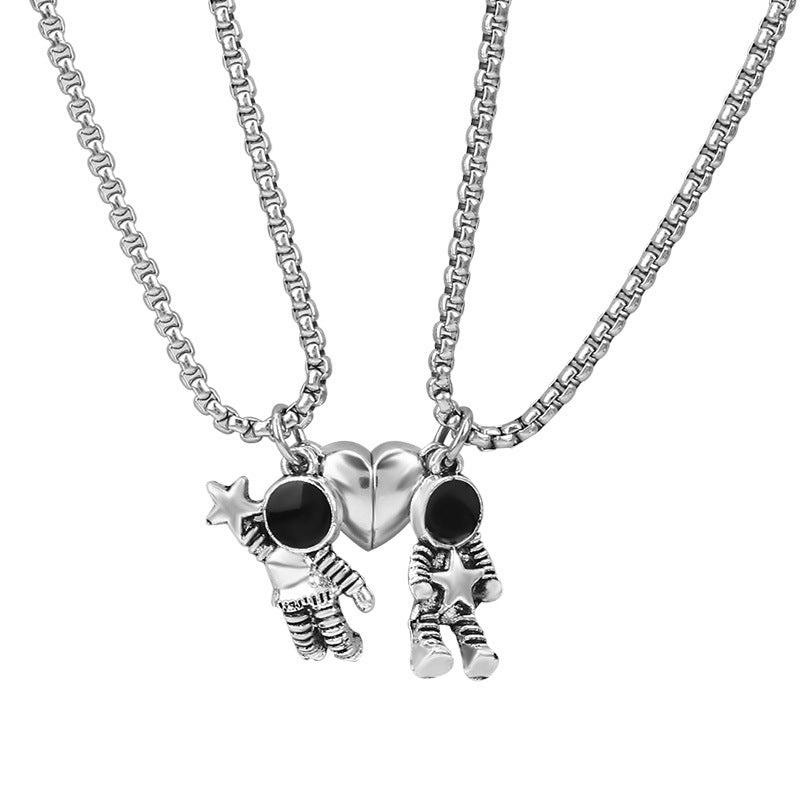 Spaceman Magnetic Attract Heart Pendants for Couple lovers Necklace astronaut best Friends paired matching Neck Chain women men