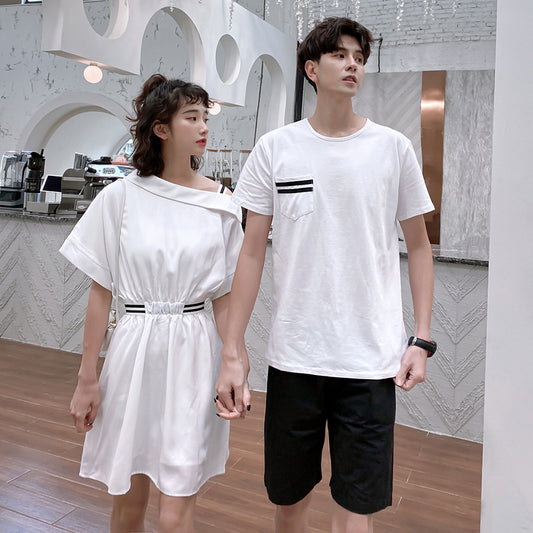 Couple Matching Clothes College School Pair Lovers White Off Shoulder Dress Women Men New Summer Vacation Outfit Wear Set