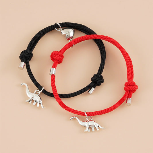 New Fashion Love Heart Magnet Couple Bracelets Dinosaur Match Bracelet Sets Lover Friends  Adjustable Rope Chain Jewelry