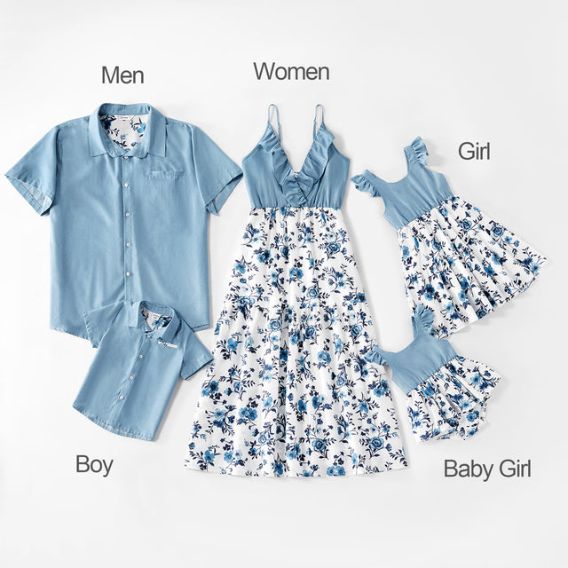 PatPat Summer And Spring Mosaic Cotton Family Matching Floral Sets Flounce Dresses And Denim Tops Short Long Sleeve Family Look