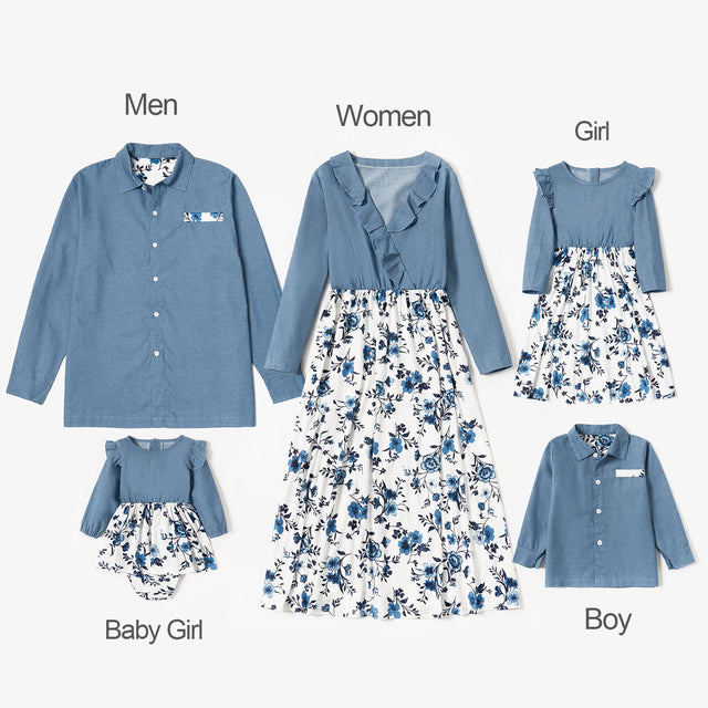 PatPat Summer And Spring Mosaic Cotton Family Matching Floral Sets Flounce Dresses And Denim Tops Short Long Sleeve Family Look