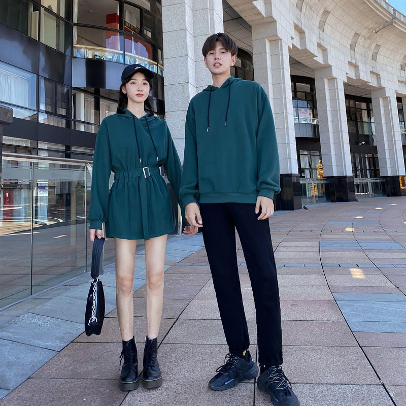 Couple Matching Clothes College High School Fashion Pair Lovers Women Green Waist Hoodie Dress Sweatshirt Outfit Wear Set