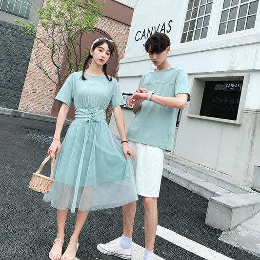Couple Matching Clothes College School Korean Fashion Style Slim T-shirts Men Women Summer Lovers Mesh Dress Outfit Wear Set