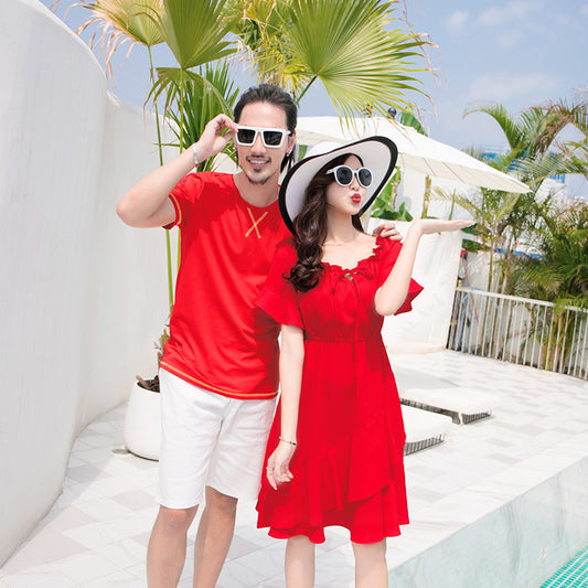 Korean Couple Matching Clothes T-Shirts College Fashion Lovers Women Men Summer Red Vacational Dress Outfit Wear Set