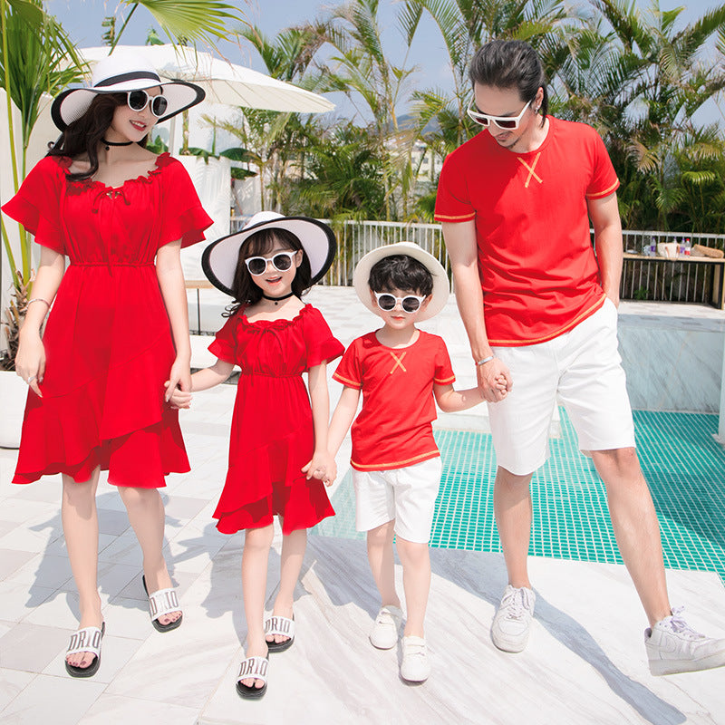 Korean Couple Matching Clothes T-Shirts College Fashion Lovers Women Men Summer Red Vacational Dress Outfit Wear Set