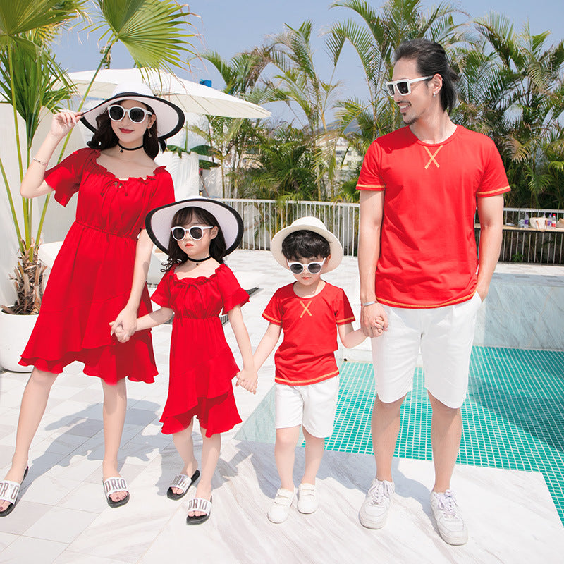 Korean Couple Matching Clothes T-Shirts College Fashion Lovers Women Men Summer Red Vacational Dress Outfit Wear Set