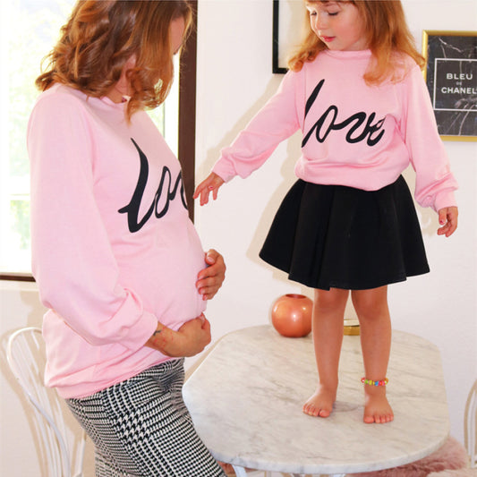 Family Matching Outfit  Mother Women Girls Sweatshirt Love Tops  Letter  Long Sleeve Pullover Pink Tops Maternity Clothes