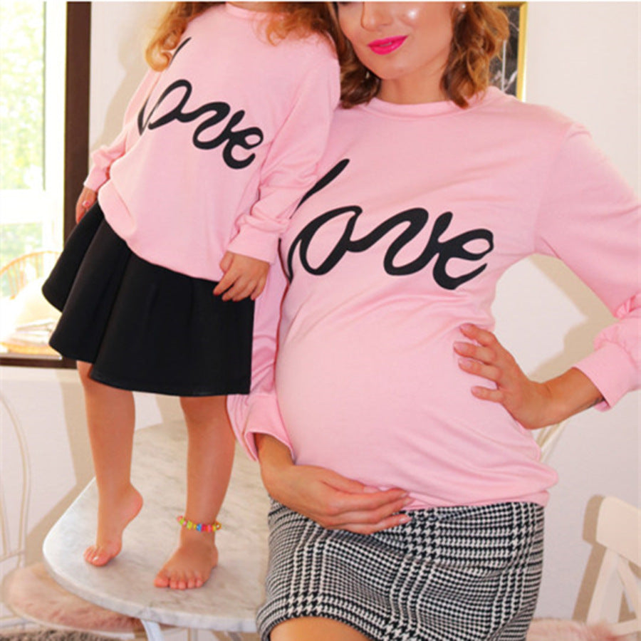 Family Matching Outfit  Mother Women Girls Sweatshirt Love Tops  Letter  Long Sleeve Pullover Pink Tops Maternity Clothes