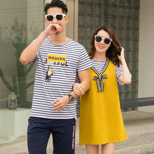 Couple Matching Clothes Striped T-Shirts Dress Sailor College School Lovers Yellow Women Summer Vacation Outfit Wear Set