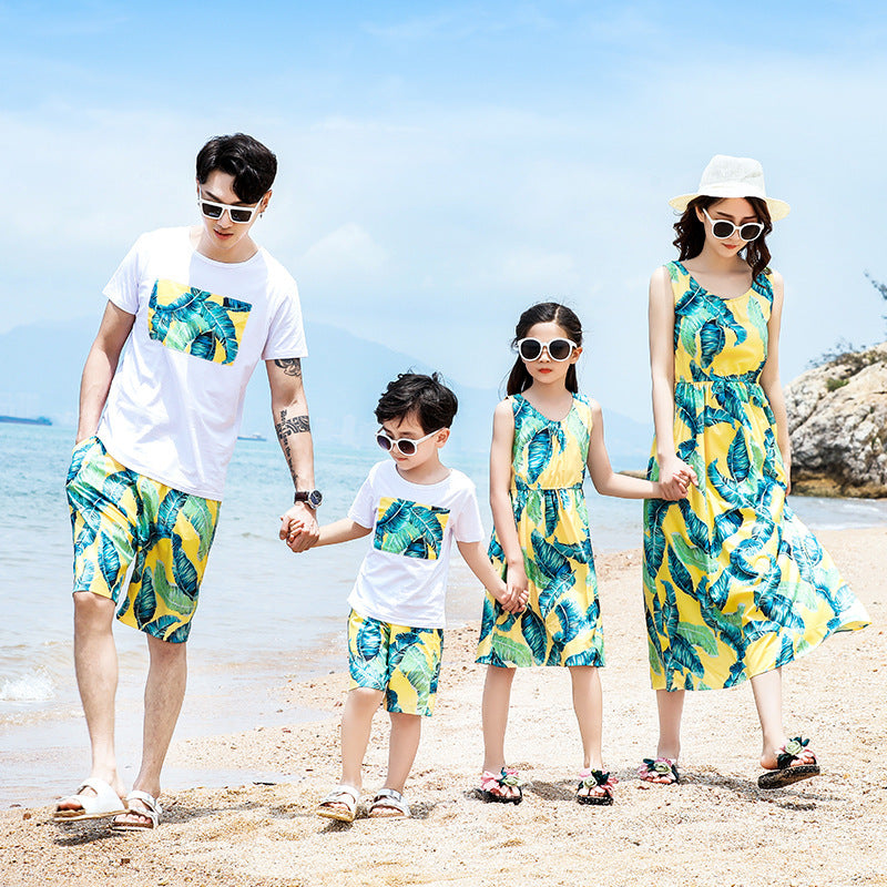 Summer Family Matching Outfits Mom Girls Long Leaves Dresses Dad Son Boys T-Shirt+Shorts 2PCS Sets Vacation Couple Beach Clothes