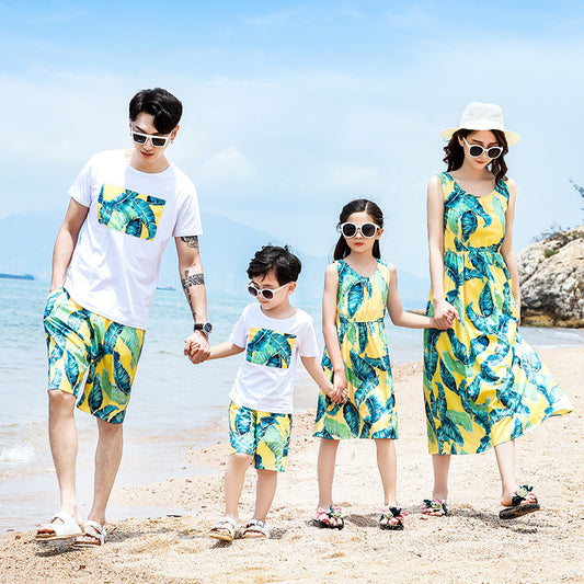 Summer Family Matching Outfits Mom Girls Long Leaves Dresses Dad Son Boys T-Shirt+Shorts 2PCS Sets Vacation Couple Beach Clothes