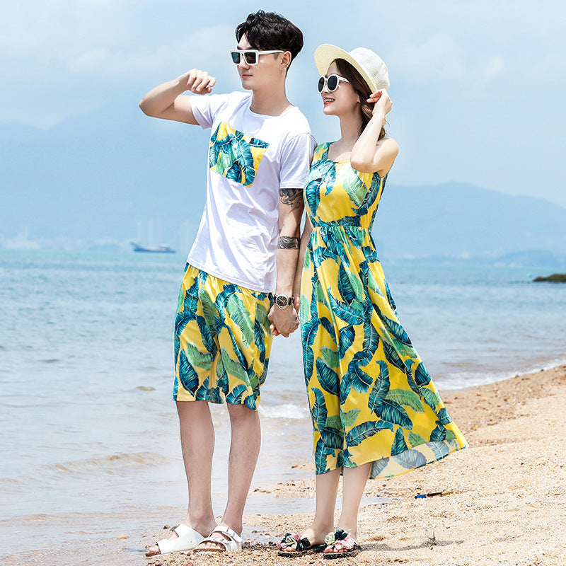 Summer Family Matching Outfits Mom Girls Long Leaves Dresses Dad Son Boys T-Shirt+Shorts 2PCS Sets Vacation Couple Beach Clothes