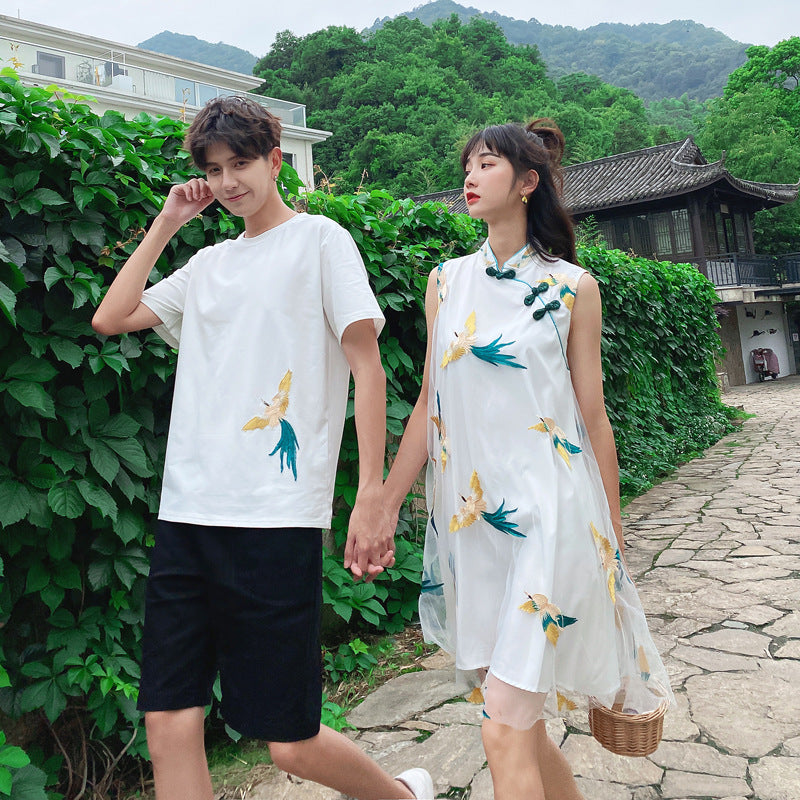 Couple Matching Clothes Traditional Chinese Ethnic Dress Embroidery Cheongsam Qipao T-Shirts Lovers Pair Women Outfit Wear Set