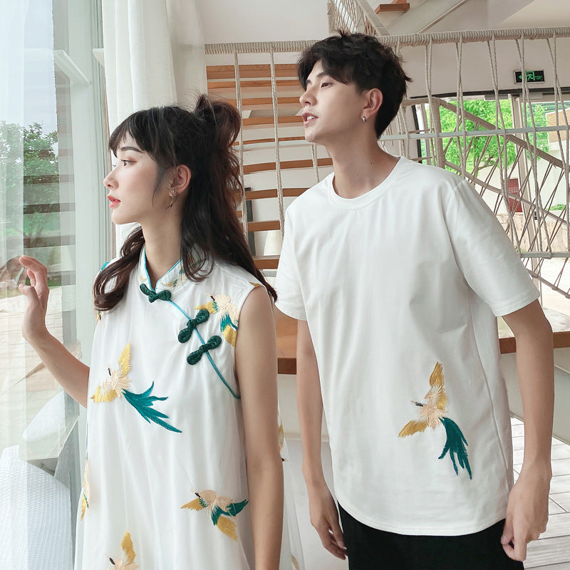 Couple Matching Clothes Traditional Chinese Ethnic Dress Embroidery Cheongsam Qipao T-Shirts Lovers Pair Women Outfit Wear Set