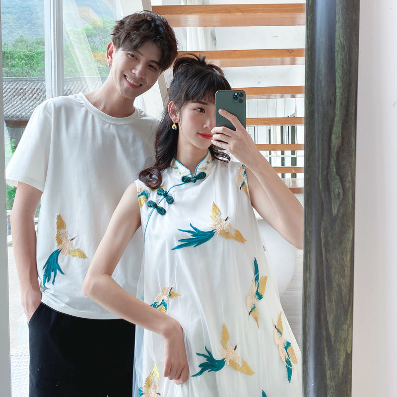 Couple Matching Clothes Traditional Chinese Ethnic Dress Embroidery Cheongsam Qipao T-Shirts Lovers Pair Women Outfit Wear Set