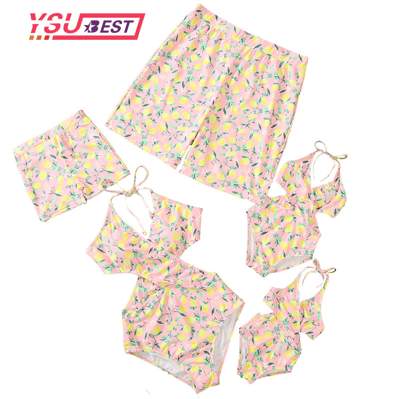 Family Matching Swimwear 2022 Mom Daughter Lemon Print Bikini Dad Son Bathing Suit Women Men Couples Outfits Girls Boys Swimsuit