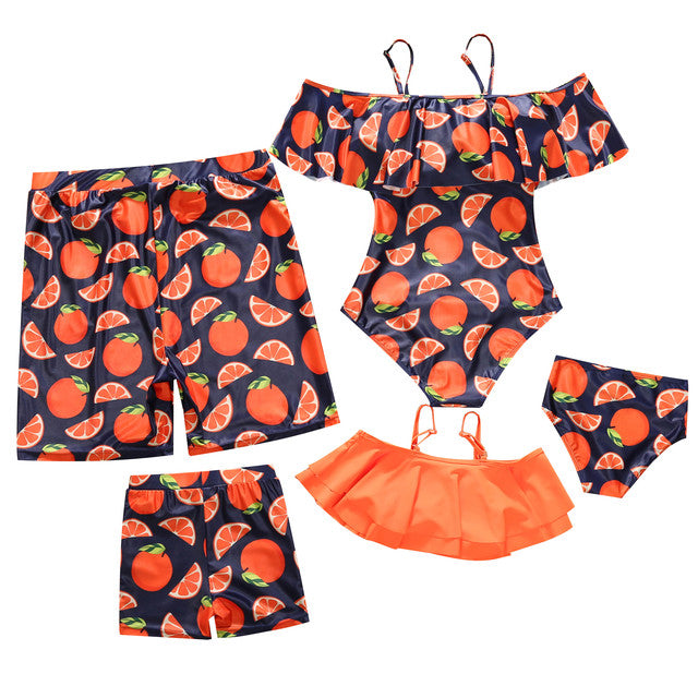 Family Matching Swimwear 2022 Mom Daughter Lemon Print Bikini Dad Son Bathing Suit Women Men Couples Outfits Girls Boys Swimsuit