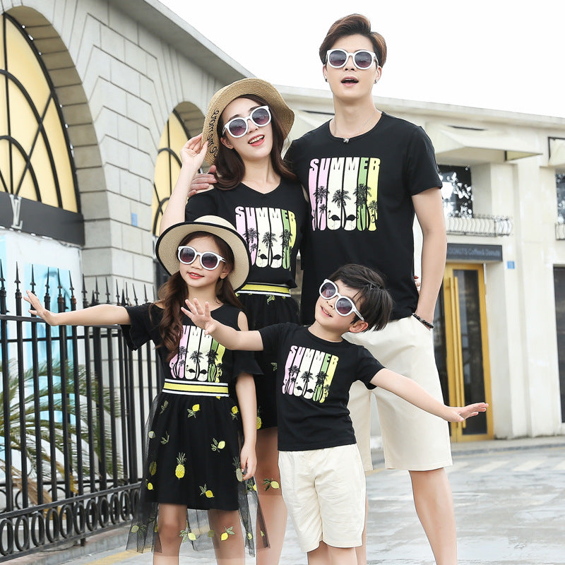 Family Matching Clothes Father Mother Daughter Son Mommy And Me Black Lace Summer Dress T-Shirts Couple Look Wear Outfit Set