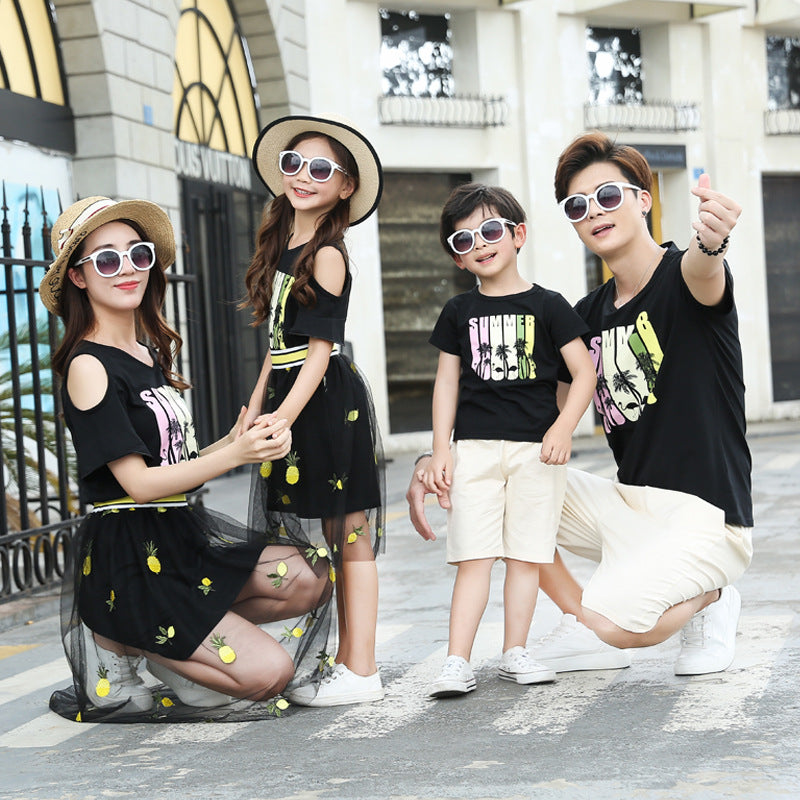 Family Matching Clothes Father Mother Daughter Son Mommy And Me Black Lace Summer Dress T-Shirts Couple Look Wear Outfit Set