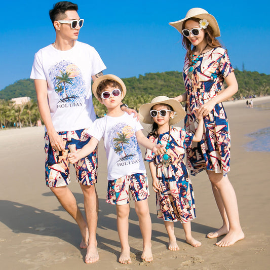 Summer Beach Sets Family Matching Outfits Dad Son Short Sleeve T-Shirt+Shorts Mother Daughter Dresses Couple Vacation Clothes