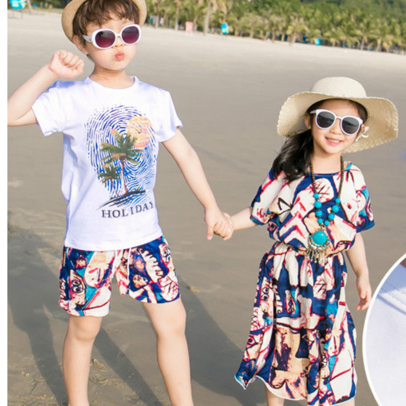 Summer Beach Sets Family Matching Outfits Dad Son Short Sleeve T-Shirt+Shorts Mother Daughter Dresses Couple Vacation Clothes