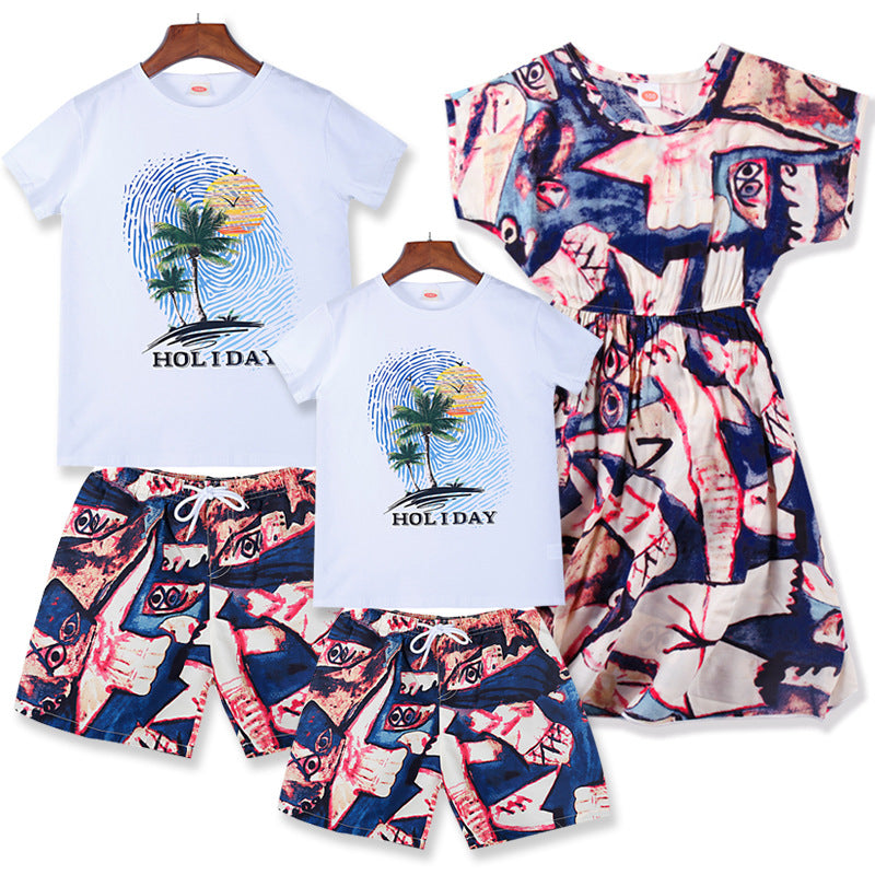 Summer Beach Sets Family Matching Outfits Dad Son Short Sleeve T-Shirt+Shorts Mother Daughter Dresses Couple Vacation Clothes