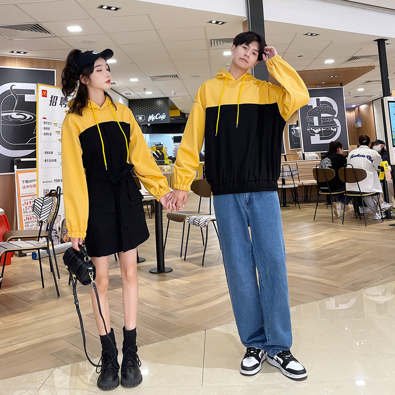 Couple Matching Clothes College High School Fashion Pair Lovers Women Black Hoodie Waist Dress Sweatshirt Wear Outfit Set