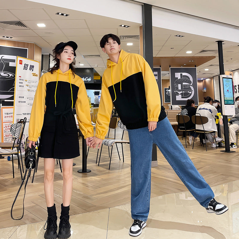 Couple Matching Clothes College High School Fashion Pair Lovers Women Black Hoodie Waist Dress Sweatshirt Wear Outfit Set