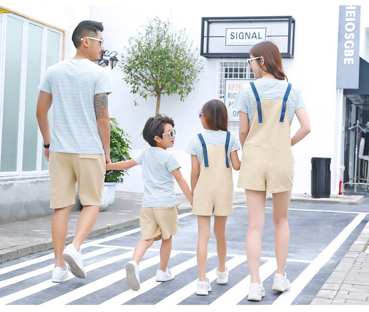 Family Matching Clothes Father Mother Daughter Son Mommy And Me Gray Beach Jumpsuit Couple Look T-Shirts Women Wear Outfit Set