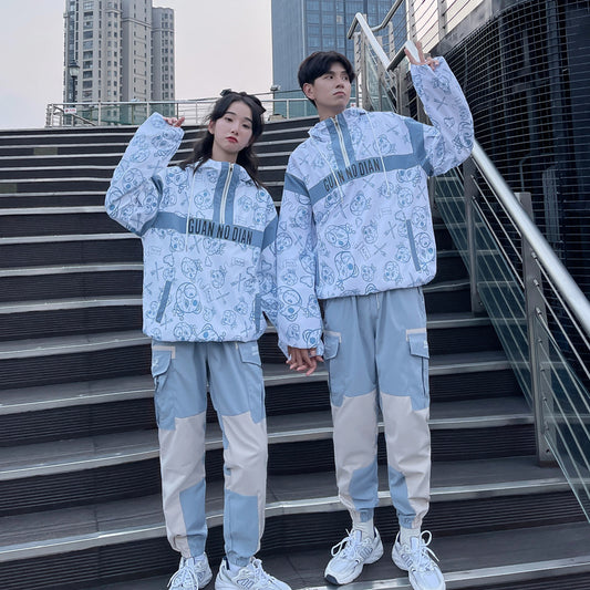 Couple Matching Hoodies Sweatshirt Blue Clothes Pants Fashion Style Young Lovers Women Zipper Outfit Wear