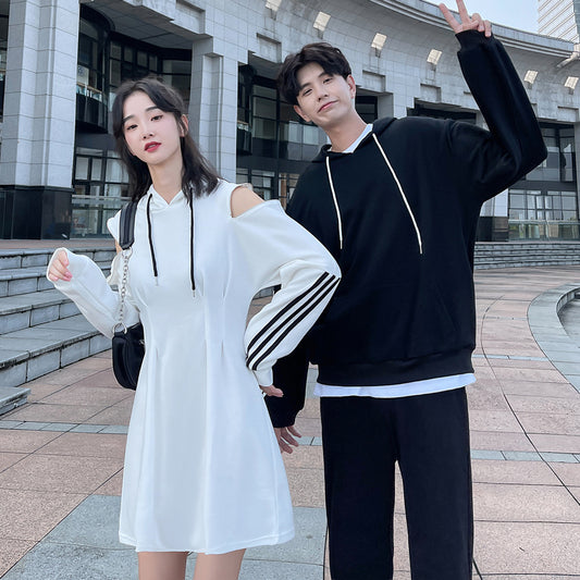 Couple Matching Black White Hoodies Waist Dress Sweatshirt Clothes College School Fashion Young Lovers Women Outfit Wear