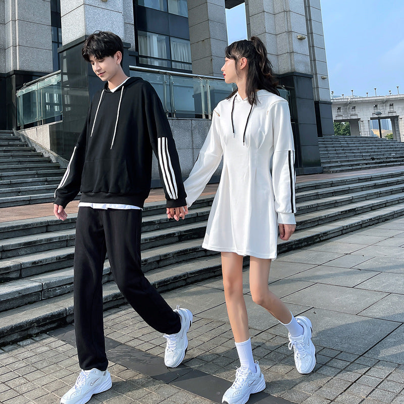 Couple Matching Black White Hoodies Waist Dress Sweatshirt Clothes College School Fashion Young Lovers Women Outfit Wear