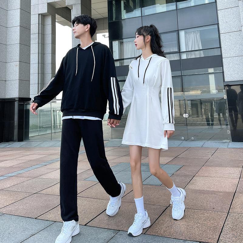 Couple Matching Black White Hoodies Waist Dress Sweatshirt Clothes College School Fashion Young Lovers Women Outfit Wear